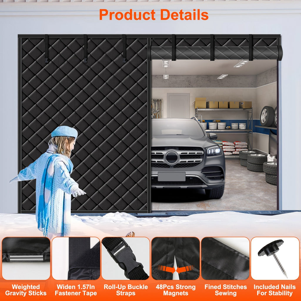 1Pc 16x7FT Magnetic Thermal Insulated Garage Door Curtain For Winter Two Car Garage Screen With Magnetic Closure 8 Roll Up Buckle Straps For Two Cars Weatherproof Windproof Soundproof