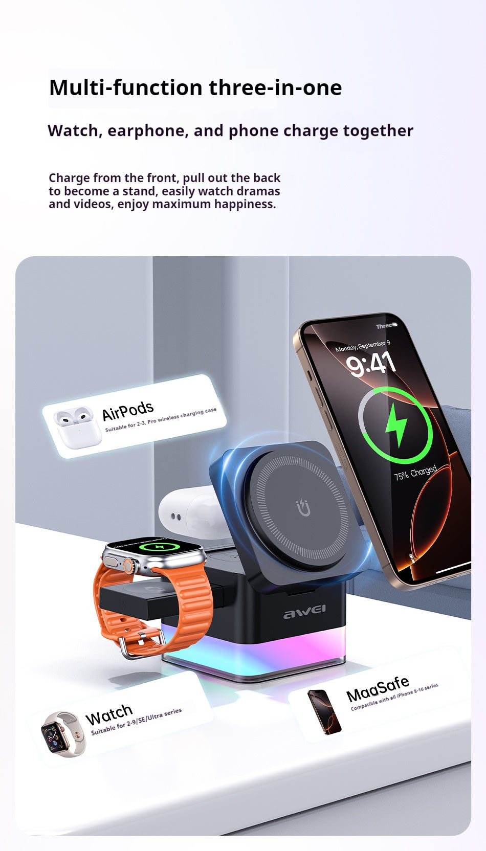 AWEI 3-in-1 Multi-function Wireless Charger
