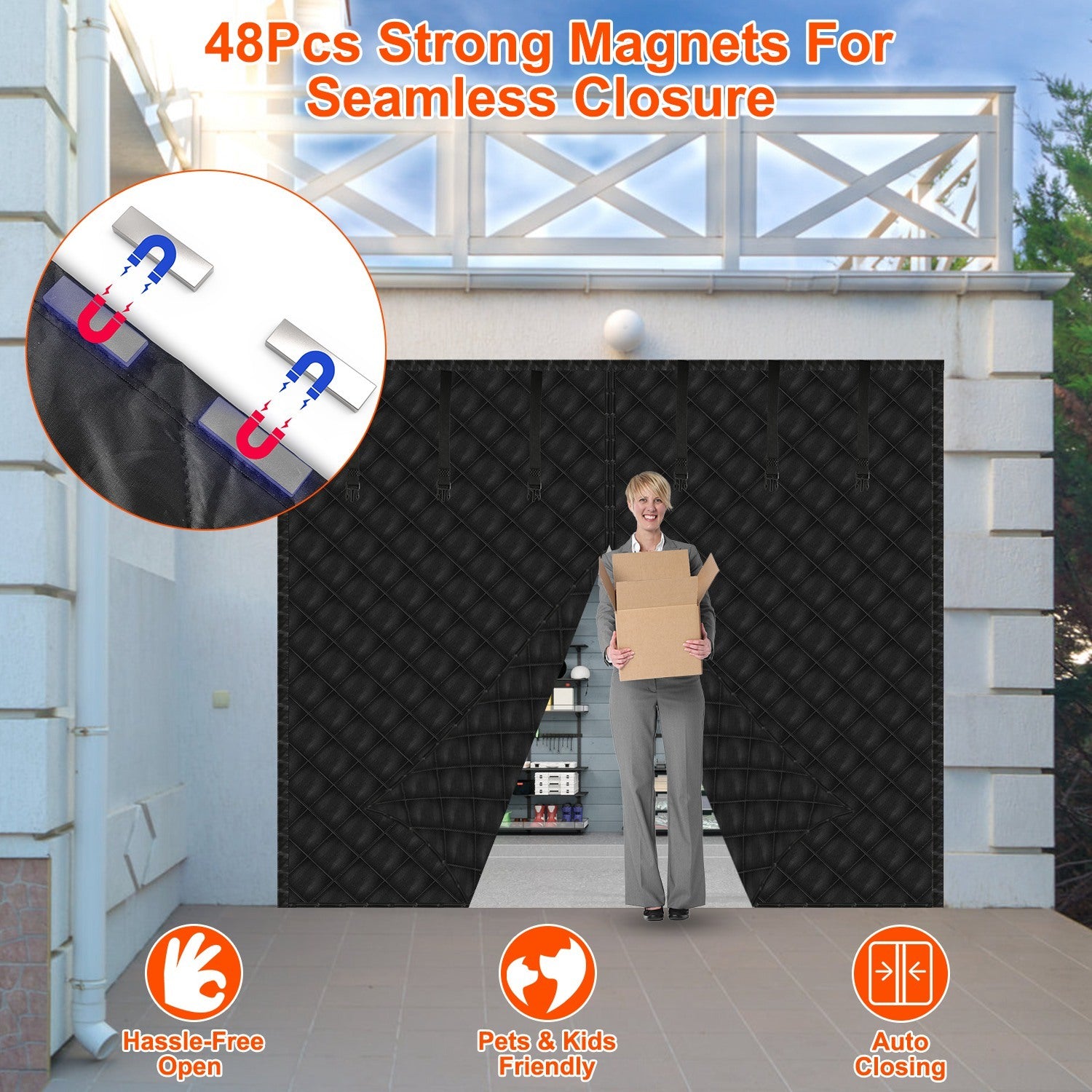 1Pc 16x7FT Magnetic Thermal Insulated Garage Door Curtain For Winter Two Car Garage Screen With Magnetic Closure 8 Roll Up Buckle Straps For Two Cars Weatherproof Windproof Soundproof